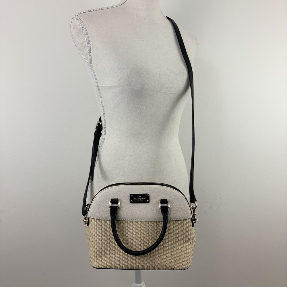 Kate Spade Reiley Straw Dome Satchel Crossbody Bag Cream Black Leather Woven
